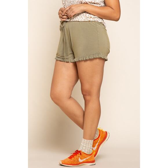 🎀POL Adjustable Drawstring Lightweight Ruffle Trim Detail Olive Shorts | Size L - Picture 4 of 8